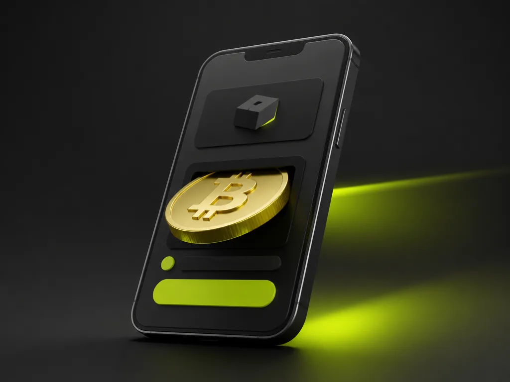 Ett guldfärgat bitcoinmynt som glider in i en mobiltelefon med ett enkelt köpgränssnitt