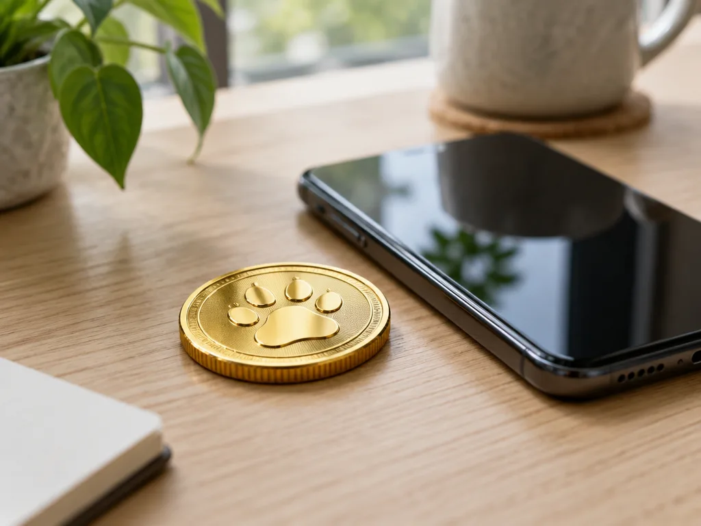 Ett guldfärgat kryptomynt med en tassymbol bredvid en mobiltelefon på ett ljust skrivbord