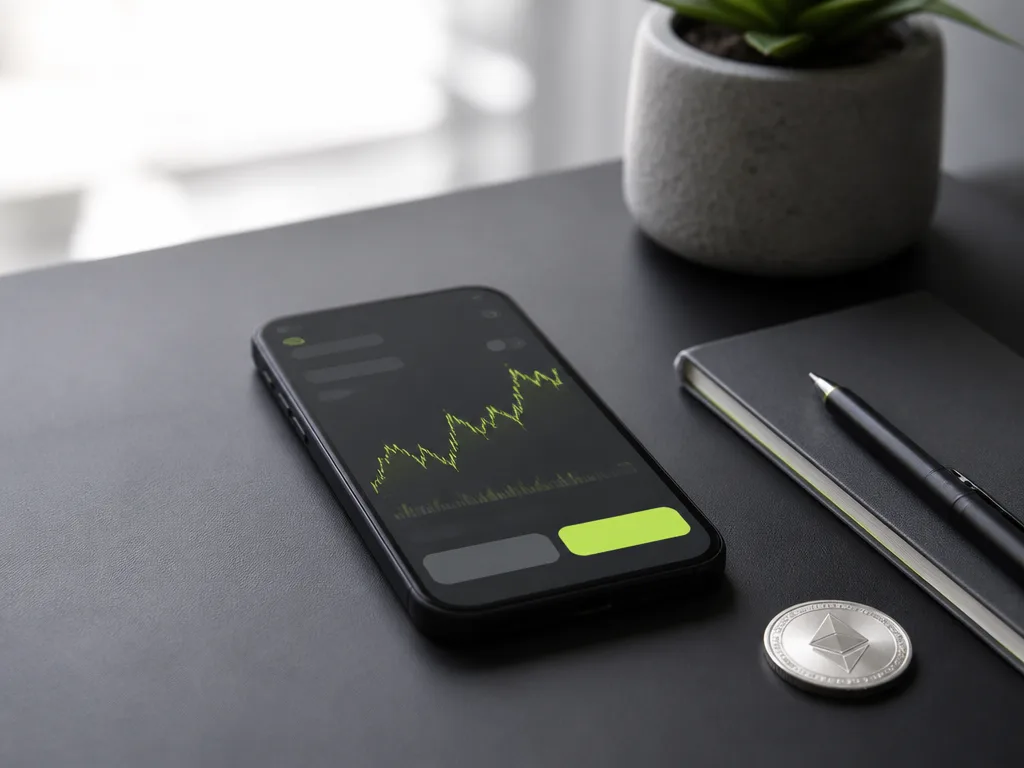 Ett silverfärgat Ethereum-mynt bredvid en mobiltelefon med ett enkelt köpgränssnitt på ett skrivbord