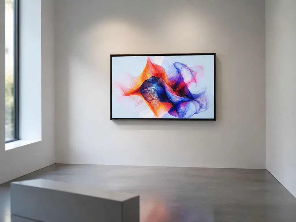 En skärm med ett abstrakt digitalt konstverk som hänger på en vit gallerivägg