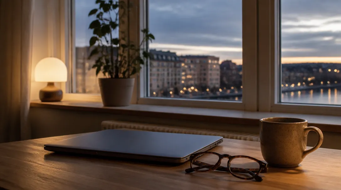 Uppfälld laptop på ett mörkt bord